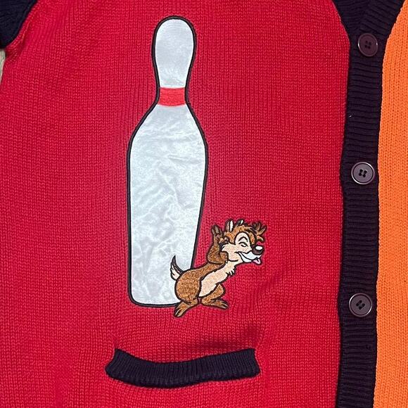 Vtg Disney Catalog Varsity Patched Knit Cardigan Sweater Chip & Dale Bowling Lg - Picture 5 of 11